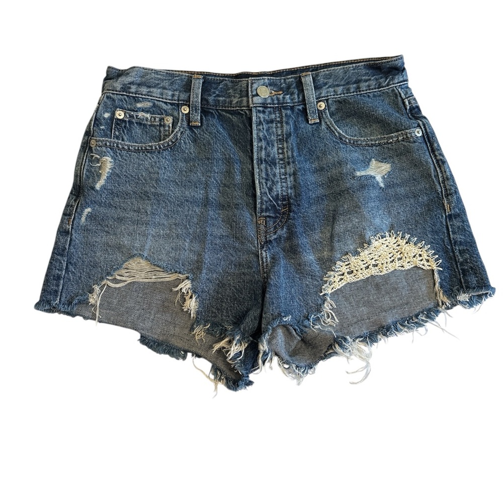 Lucky Brand Mom High Rise Cutoff Festival Crochet Detail Distressed Denim Sz 6